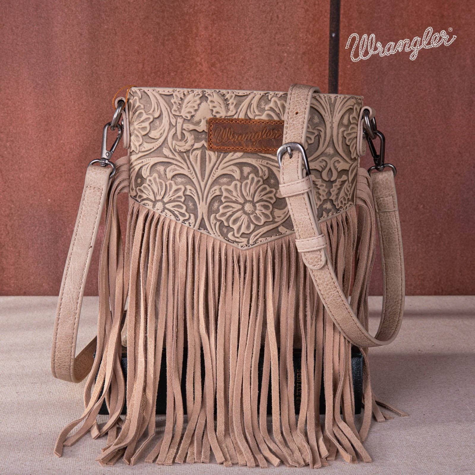 WG279-9182TN Wrangler Fringe Floral Tooled Hobo Bag - Tan  Wrangler Tan Floral Fringe Shoulder Bag main image 1
